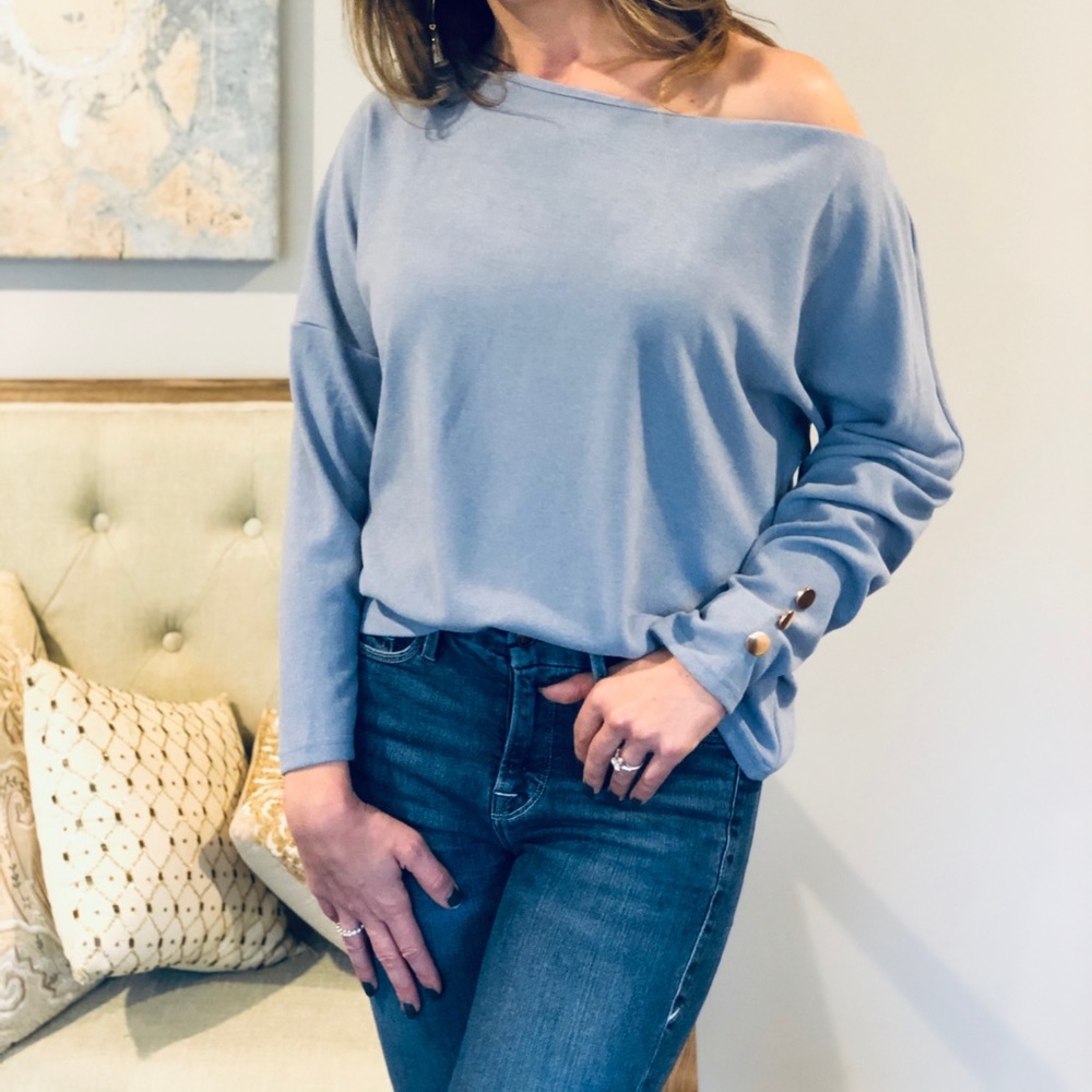 Incredibly soft light blue off the shoulder top